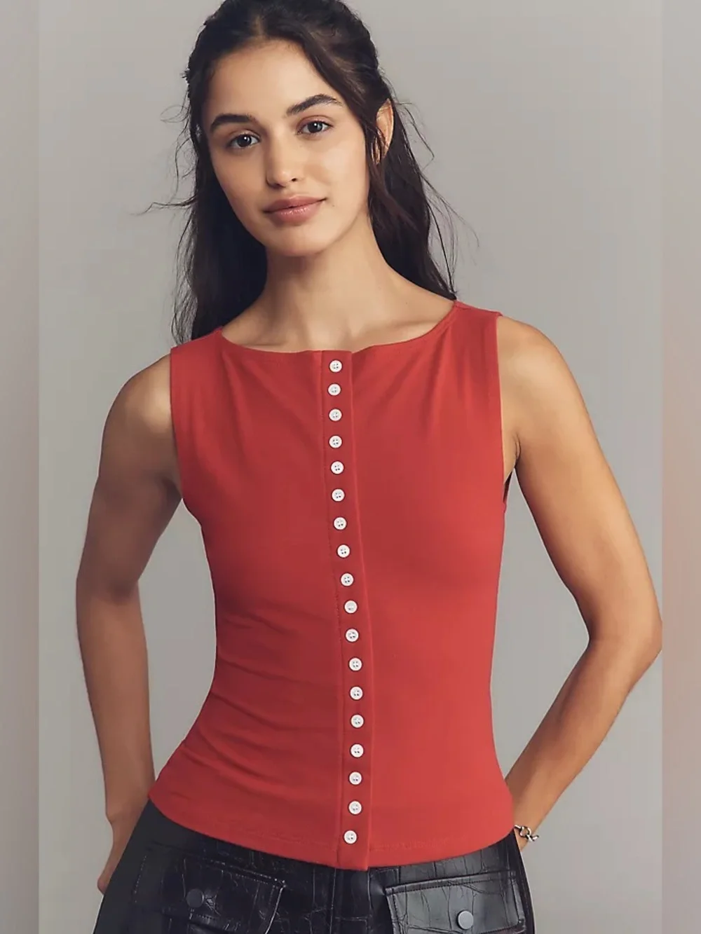 new Reformation Julie button down knit tank in lipstick red - Picture 1 of 7